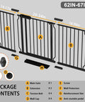 Extra Wide Baby Gate 62 To 67 Inch Walk Through Pressure Mounted No Drill Doorway Gate 30 Inch Tall with parts diagram and extensions.