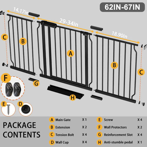 Extra Wide Baby Gate 62 To 67 Inch Walk Through Pressure Mounted No Drill Doorway Gate 30 Inch Tall with parts diagram and extensions.