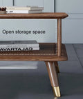Top Shelf Retro Coffee Table For Living Room With Spacious Lower Shelf And Smooth Drawer Slides Mid Century Modern Wood Cocktail Table Featuring Rustic Brown Finish. Open storage area displaying stacked books.