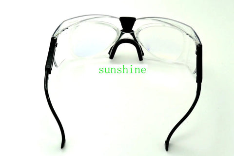 Kickass Double Layer Safety Glasses For CO2 Carbon Dioxide Laser Work With Hella Secure Optical Density Plus Six Protection And Slick Ninety Percent Clarity For Pro Grade Shop Jobs, clear lenses with black sides, front view.