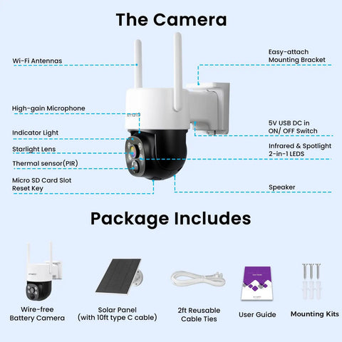 No Monthly Fee Solar Wireless Security Camera Outdoor With PTZ And AI Tracking Color Night Vision Thermal Detection 5G Dual Band WiFi 6 Self Powered By Solar Weatherproof package contents