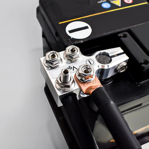 Beefy 8-Way Lead Acid Battery Terminal Connector Kit with AGM Post Ends for SAE DIN EN Tapered Top Posts installed on battery