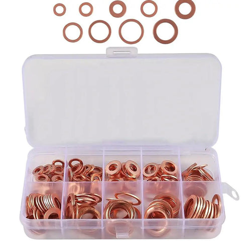Solid 100 Pcs Copper Washers Assortment Kit With Seven Sizes M4-M14 Flat Sump Plug Oil Drain Seal Gaskets For Auto Plumbing And Mech Jobs, box open