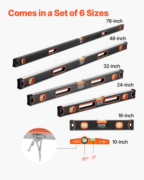 Rock Solid Six Piece Torpedo Level And Box Level Collection Features 10 To 78 Inch Sizes Battle Ready Aluminum Alloy Frame Precise Bubble Vials SAE Metric Edges Plus Magnetic Hold For Dead On Layouts