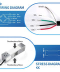 Wiring and stress diagrams for Single Point Load Cell For Weighing Platforms, Heavy Duty Rectangle Cantilever Sensor, 0 to 350KG Capacity.