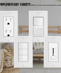 Variety of wall plates including USB, dimmer, and switch from One Gang Decorator Wall Plate Cover 10 Pack for Light Switches and Receptacles Dimmers GFCI USB Outlets White Finish Standard Size 4.52 by 2.75 Inches Easy Install No Fuss.