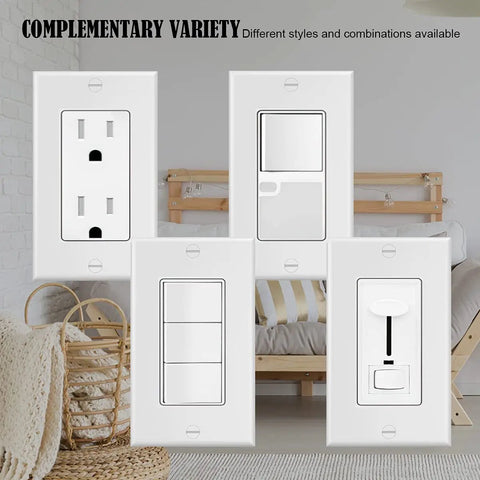 Variety of wall plates including USB, dimmer, and switch from One Gang Decorator Wall Plate Cover 10 Pack for Light Switches and Receptacles Dimmers GFCI USB Outlets White Finish Standard Size 4.52 by 2.75 Inches Easy Install No Fuss.