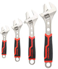 4 Piece Adjustable Wrench Set With Reversible Jaw And Box End Hex Function, Heavy Duty Workhorse Spanners For Home Repairs, Includes 6 Inch 8 Inch 10 Inch And 12 Inch Wrenches With Jaw Capacity Up To One And A Half Inches, displayed in ascending order.
