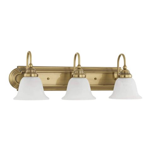 Antique Brass Bath Vanity Light With White Alabaster Glass Shades 24 Inch Wide Eight And A Half Inch Deep Four Point Seven Five Inch Back Plate