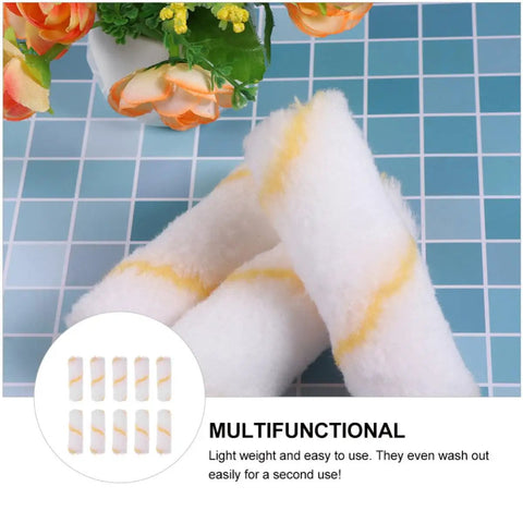 48 Pack Mini Paint Roller Covers With Super Soft Polyester Nap Kick Back On Your Home Reno No Drama Trim And Detail Painting Sets. Soft and white rollers with yellow stripes.