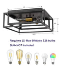 Three Light Black Square Flush Mount Ceiling Fixture With Double Frame Cages Sleek Dope Look Close To Ceiling Lighting