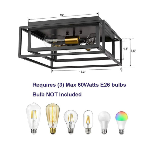 Three Light Black Square Flush Mount Ceiling Fixture With Double Frame Cages Sleek Dope Look Close To Ceiling Lighting