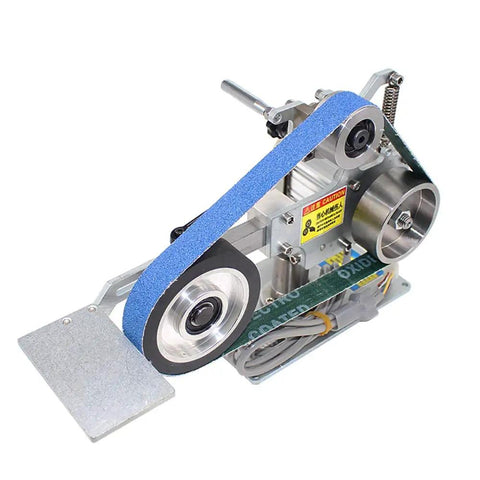 Tough As Nails 550 Watt Belt Sander Featuring Dc Brushless Motor And Weighted Base Column for smooth sharpening, equipped with blue sanding belt.