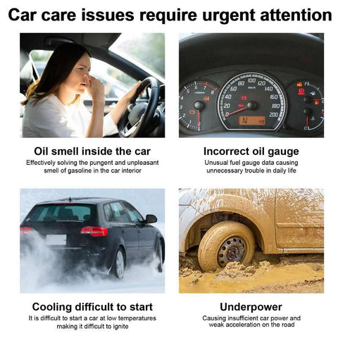 Collage of car care issues: oil smell inside, incorrect oil gauge, cooling difficulty, and underpowering symptoms.