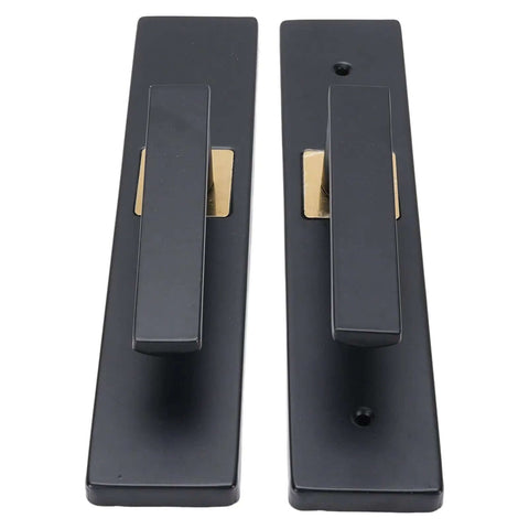 Hefty Keyed Entry Door Handle Set With Thick Reinforced Plate And Large Solid Knob, Heavy Duty Reversible Lever Lock Complete Kit For Front Exterior Doors Or Bedrooms, black metal pair