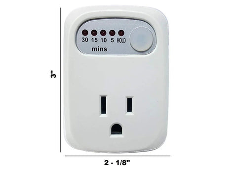 No Fuss Single Outlet Safety Timer With Push Button Countdown Automatic Shutoff showing white plug design and timer buttons.