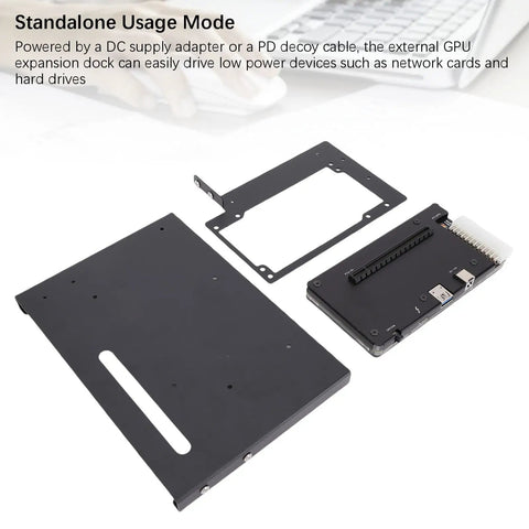Make Your Laptop A Total Game Changer With This Tough Aluminum Alloy Egpu Dock Pcie X16 Slot And Usb4 Cable For Absolutely Sick Desktop Graphics Power On Demand Today, showing black eGPU dock components.