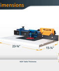 Rock Solid Benchtop Router Table Setup With Adjustable Aluminum Fence And Heavy Duty Dust Collection Kit featuring dimensions 23-5/8" x 15-3/4", and 1" MDF table thickness.