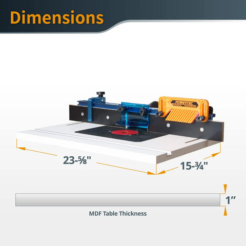 Rock Solid Benchtop Router Table Setup With Adjustable Aluminum Fence And Heavy Duty Dust Collection Kit featuring dimensions 23-5/8" x 15-3/4", and 1" MDF table thickness.