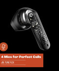 Inner electronics of Tune Flex True Wireless Earbuds With Pure Bass Sound, highlighting 12mm drivers and four microphones.