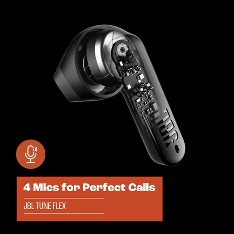 Inner electronics of Tune Flex True Wireless Earbuds With Pure Bass Sound, highlighting 12mm drivers and four microphones.