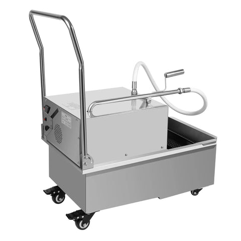 Heavy Duty Commercial Fryer Filter Machine, 550W Oil Purifier Cart With Stainless Steel Tank, featuring wheels for mobility.