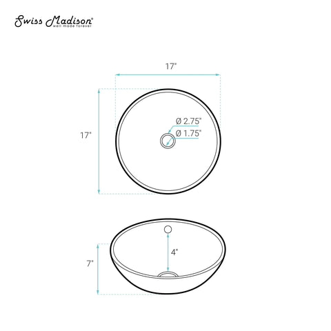 Technical diagram of the Sublime Round Vessel Sink in Matte Black with Above Counter Installation, showing dimensions and drain size.