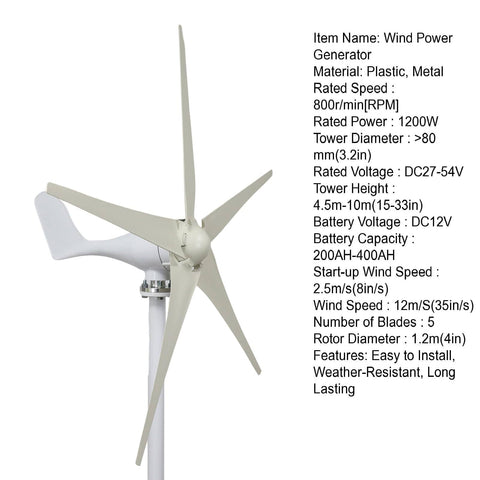 Kickass Wind Turbine Kit 1200W 12V With 5 Blades For Home And Industrial Use, Ultra Low Wind Startup At Two Point Five Meters Per Second, shown assembled.