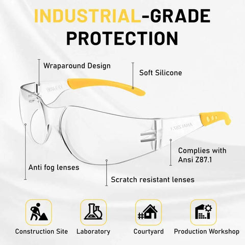 Image of Anti Fog Safety Glasses Bulk For Men With ANSI Z87.1 Certification, featuring wraparound design and soft silicone.