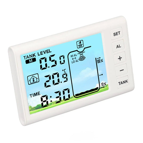 Digital display of Smart Ultrasonic Water Level Sensor For Home Use Cordless Liquid Level Detector showing water level and temperature