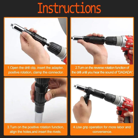 Instruction guide showing Rivet Gun Adapter Kit With Handle Grip Riveter Drill Attachment For Cordless Electric Drills installation process.
