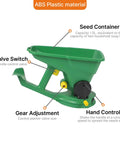 Grass Seed Spreader And Fertilizer Spreader For Lawn And Garden Use, Handheld 1.5L Capacity, ABS material, valve switch visible.