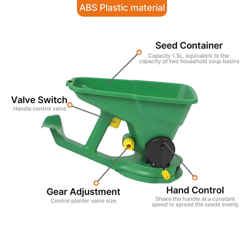 Grass Seed Spreader And Fertilizer Spreader For Lawn And Garden Use, Handheld 1.5L Capacity, ABS material, valve switch visible.