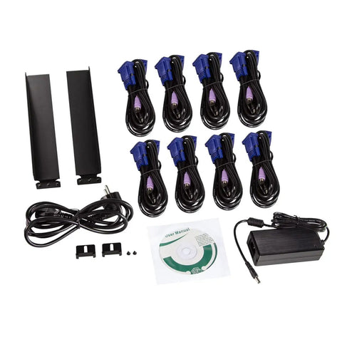 Top Shelf 17 Inch HD LCD KVM Console With 8 Port Switch, VGA USB And PS2 Ports, Integrated Keyboard And Mouse accessories kit.