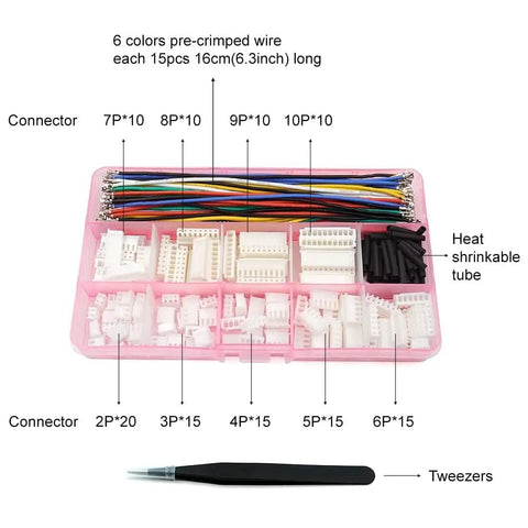 2.54mm JST Connector Kit With Pre Crimped Wires, 2 3 4 5 6 7 8 9 10 Pin Housing, 90Pcs, Heat Shrink Tubing, Tweezers