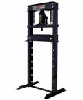 Heavy Duty Hydraulic Shop Press With Adjustable Benchtop Table And Solid H Frame Steel Construction showcasing a 20 ton black steel frame for auto repair.