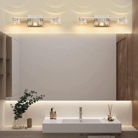 Dimmable Led Three Light Bathroom Vanity Light Over Mirror With Modern Crystal Brushed Nickel Finish And Clear Glass Shades