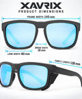 Boss Level Z87 Certified Safety Sunglasses Featuring Hardcore Removable Side Shields For Backcountry Hiking Skiing Kickass Uv Shielding And Crystal Clear Vision In Matte Blue Mirror Coating dimensions showing frame width 145 mm, lens width 60 mm, and temple length 136 mm.