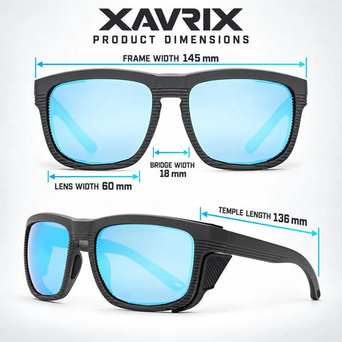 Boss Level Z87 Certified Safety Sunglasses Featuring Hardcore Removable Side Shields For Backcountry Hiking Skiing Kickass Uv Shielding And Crystal Clear Vision In Matte Blue Mirror Coating dimensions showing frame width 145 mm, lens width 60 mm, and temple length 136 mm.