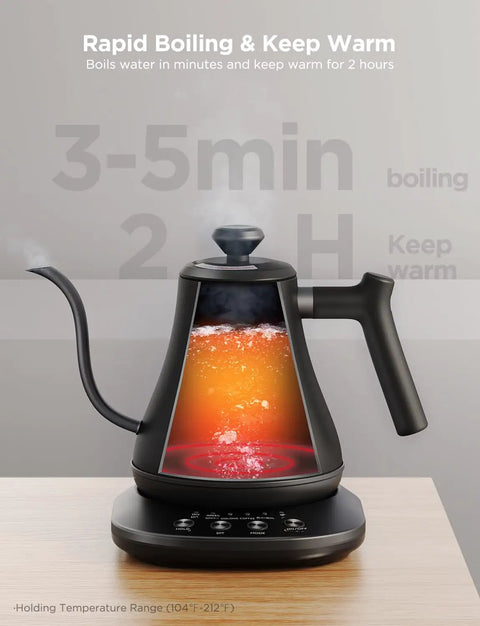 Smart Electric Kettle With WiFi And Alexa Control For Home Baristas Gooseneck Pour Over Kettle With Variable Temperature 1200W Quick Heat 0.8L Capacity One Hundred Percent Stainless Steel Matte Black showing rapid boiling feature.