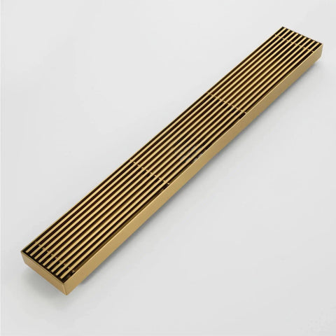 Straight Up The Best Slick Brushed Gold Linear Shower Drain With Badass 304 Stainless Steel Construction And Integrated Hair Catcher For Lightning Fast High Flow Drainage In Any Modern Home Setup Today, viewed from above.