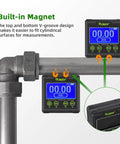 Digital Angle Gauge Protractor With Dual Axis Bubble Level, LCD Inclinometer on pipe, showing magnetic V-groove base.