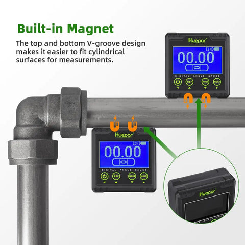 Digital Angle Gauge Protractor With Dual Axis Bubble Level, LCD Inclinometer on pipe, showing magnetic V-groove base.