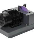 Solid Build Lawn Mower Blade Sharpener With 9 Inch Grinding Disc And 1Hp 750W Motor mounted on a gray workstation for sharpening blades.