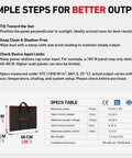 Dimensions and tips for 100W Portable Foldable Solar Panel Kit With Standalone Controller And USB For 12V Batteries, Power Stations, RV Camping, And Emergency Use Road Trip Ready For Outdoor Adventures And Off Grid Backups.