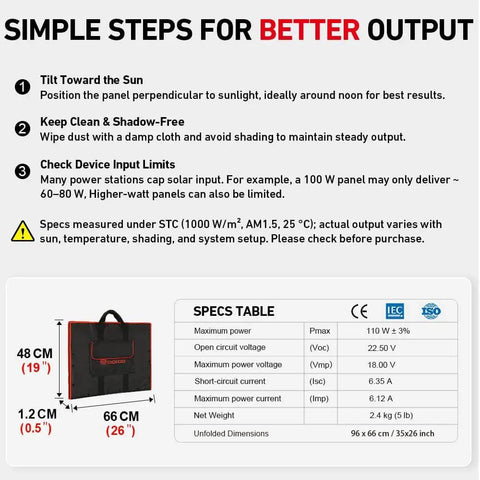 Dimensions and tips for 100W Portable Foldable Solar Panel Kit With Standalone Controller And USB For 12V Batteries, Power Stations, RV Camping, And Emergency Use Road Trip Ready For Outdoor Adventures And Off Grid Backups.