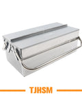 Solid Workhorse Folding Stainless Steel Toolbox With Three Spacious Tiered Trays And Reinforced Carry Handle side view with handle