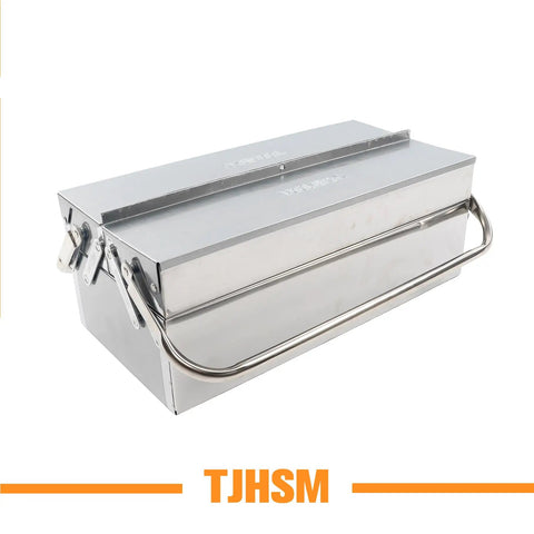 Solid Workhorse Folding Stainless Steel Toolbox With Three Spacious Tiered Trays And Reinforced Carry Handle side view with handle