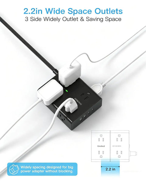 Ultra Slim Flat Power Strip With 8 Outlets And 4 USB Ports 2 USB C 5 Ft Braided Surge Protector with wide space layout.