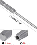 Solid T8 Torx Security Bits With One Quarter Inch Hex Shank Three Inch Long Magnetic Driver Set Featuring S2 Steel Tamper Proof Star Screwdriver Bits to handle tough jobs, showing 3-inch bit with T8 star end.